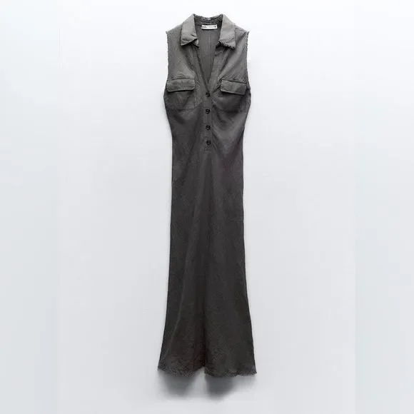 New ZARA LINEN SHIRTDRESS size XS S long Midi 100% linen Sleeveless V-neck dress - Picture 14 of 16